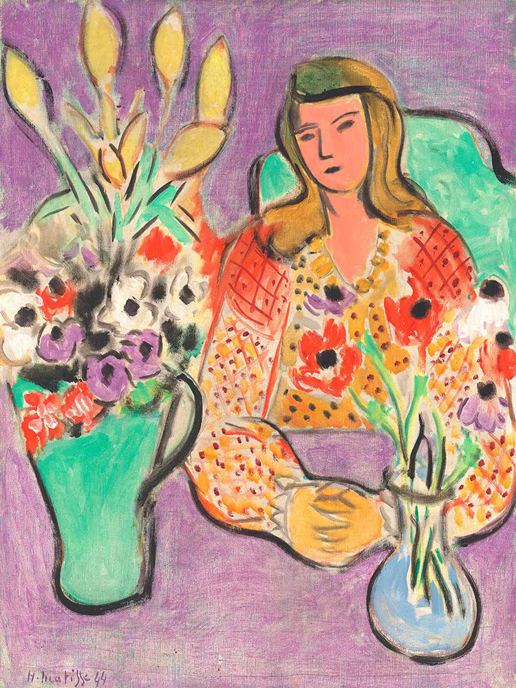 Jeune fille aux anemones sur fond violet