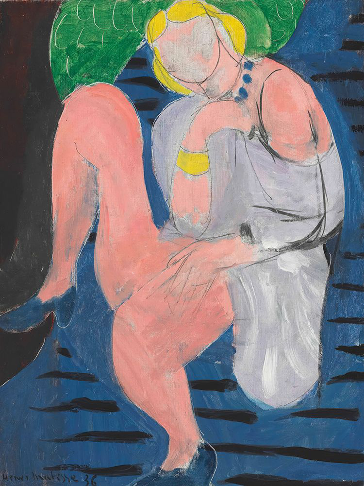 Nu assis fond bleu